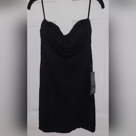 New Bebe Black Mini Dress, Zip Front, Lace Side Panel, Bustier, Size S. - Picture 4 of 11